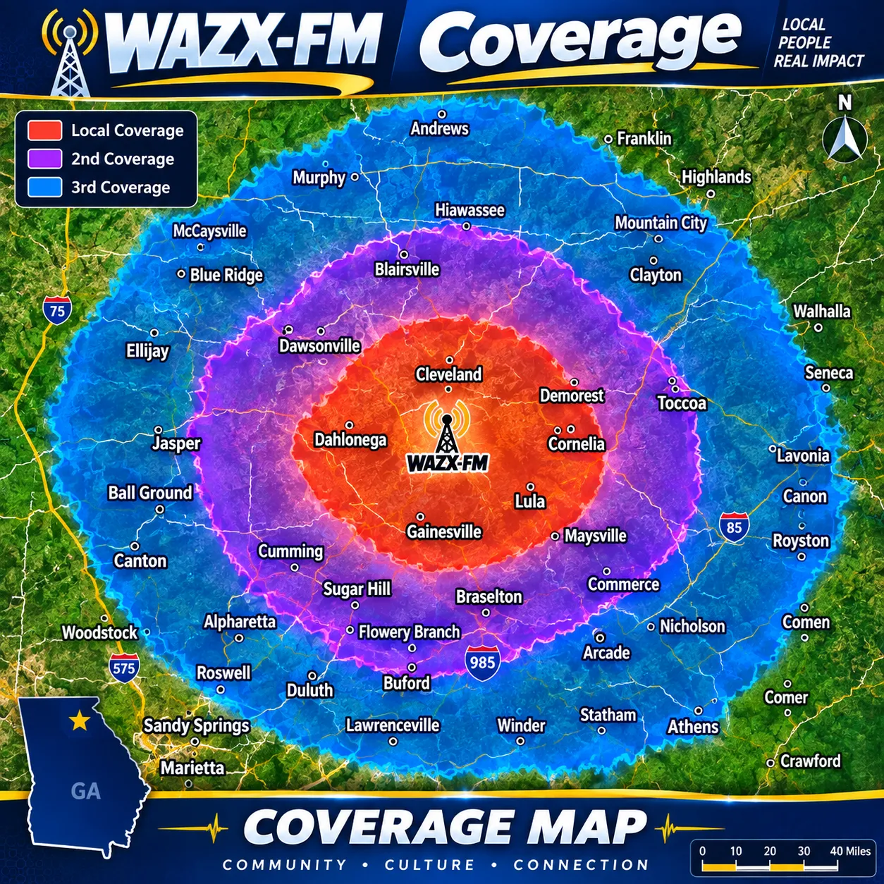 Mapa de cobertura de WAZX-FM 101.9 La Que Buena en Georgia: cobertura local en Gainesville, Cleveland, Dahlonega y Cornelia; segunda cobertura en Cumming, Buford, Braselton y Toccoa; tercera cobertura en Duluth, Lawrenceville, Alpharetta, Roswell, Athens y Marietta
